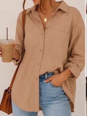 Mimosa Beige Oversized Button Down Shirt Sz S 100% Cotton Minimalist Casual Chic